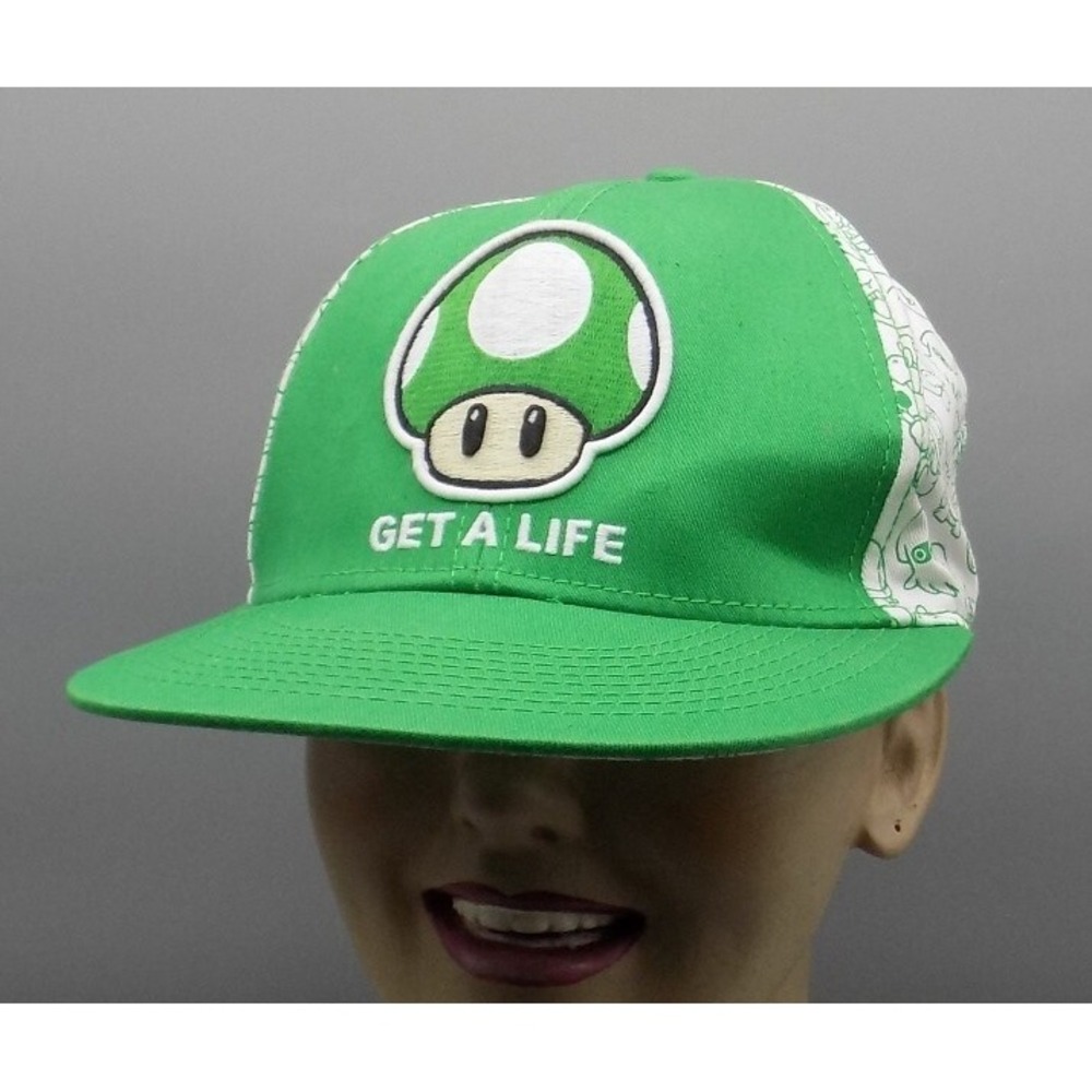 Super Mario Get a Life Hat L XL Cap Mushroom Unused Nintendo Green Fitted 2012